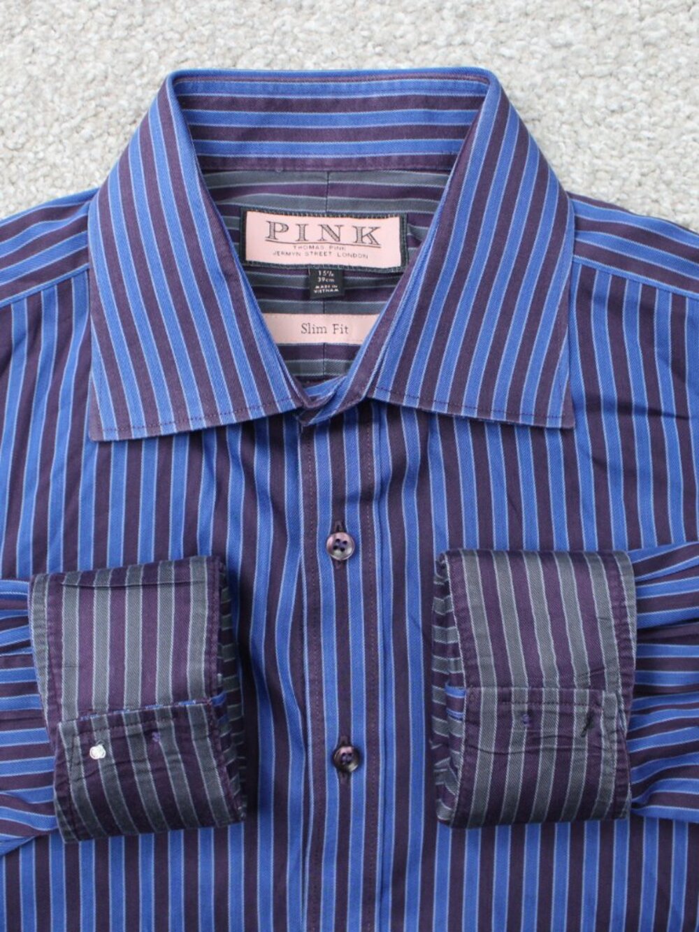 Thomas‎ Pink Shirt Mens 15 1/2, 39 Blue Slim Fit Flip Cuff Long Sleeve Button
